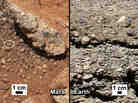 NASA says it has found proof that water shaped the rocks on the left, in a photograph taken by the Mars rover Curiosity (left). For comparison, the agency released an image of rocks from the Earth (right).