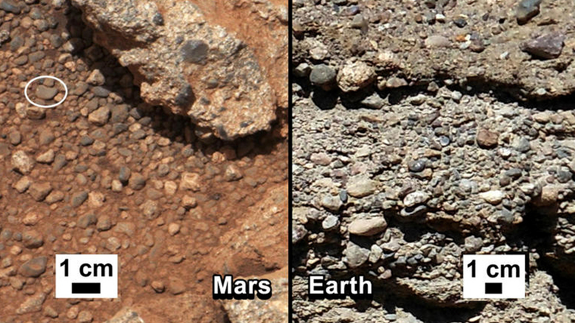 NASA says it has found proof that water shaped the rocks on the left, in a photograph taken by the Mars rover Curiosity (left). For comparison, the agency released an image of rocks from Earth (right).