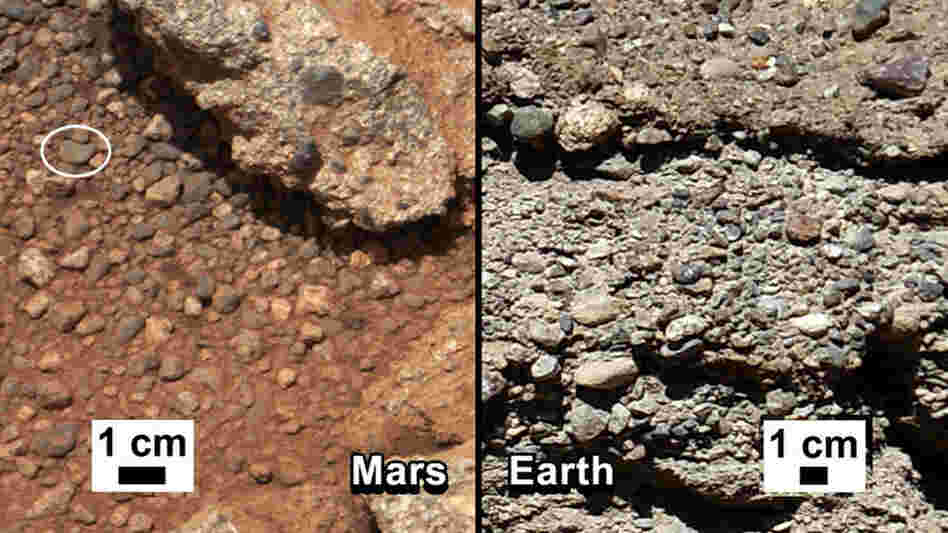 NASA says it has found proof that water shaped the rocks on the left, in a photograph taken by the Mars rover Curiosity (left). For comparison, the agency released an image of rocks from Earth (right).