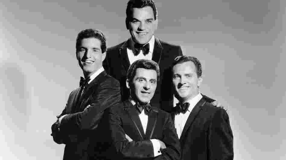 The Four Seasons pose for a portrait circa 1963 in New York City. They are, clockwise from the top, Nick Massi, Tommy DeVito, Frankie Valli and Bob Gaudio.