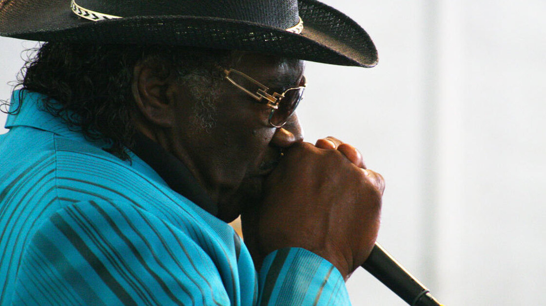 Mississippi-born harmonica player Big George Brock performs at the Philadelphia Folk Festival.