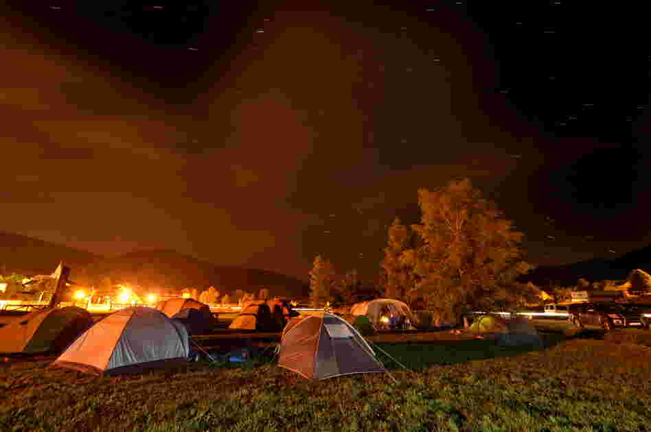 A starlit sky descends upon the campsite in the small village of Autrans, France, where the expedition prepares to descend the Gouffre Berger.
