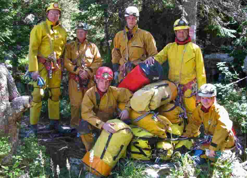 Photographer Robbie Shone (front, red helmet) is seen with his team at the Gouffre Berger in 2010. Also pictured from left: Tim Nixon, Bob Toogood, Mark Richardson, Mark Wright and Gina Moseley.