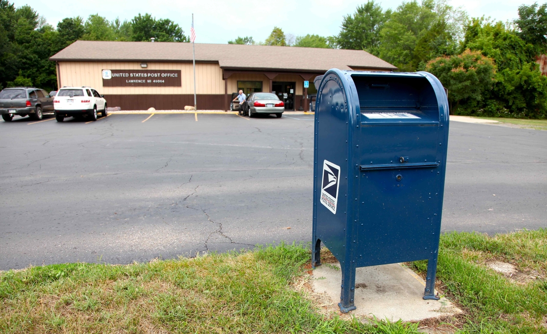 A mailbox outside a post office in Lawrence, Mich.