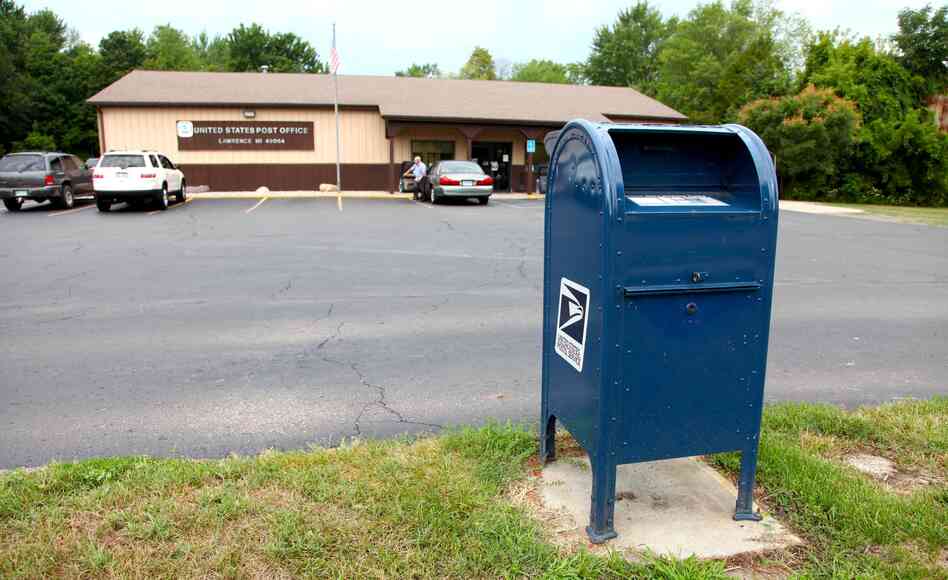 A mailbox outside a post office in Lawrence, Mich.