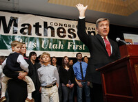 Utah Rep. Jim Matheson gave a victory speech after winning re-election in November 2010. He has consistently broken with Democratic Party lines and beat Republican challengers.