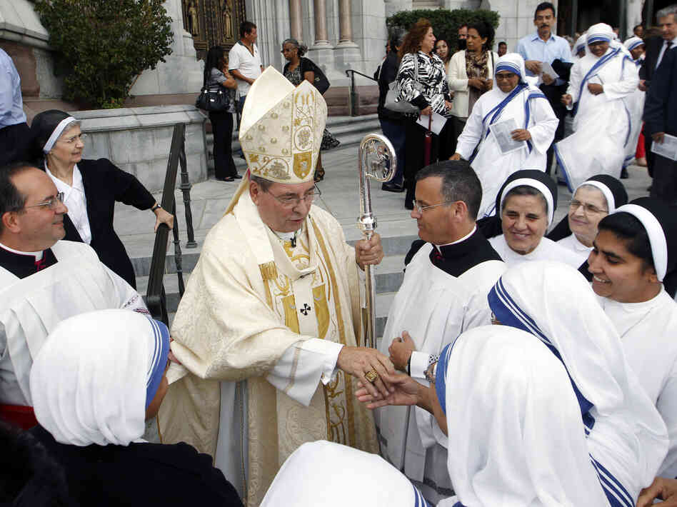Archbishop John J. Myers stands outside Cathedral Basilica of the Sacred Heart in Newark, N.J. The archbishop has urged followers to assess the presidential candidates for their views on abortion and gay marriage.