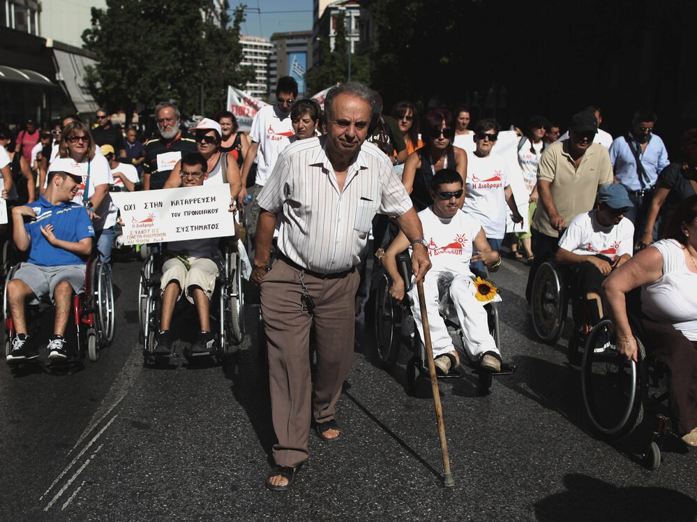 People with disabilities take part in a march against the government's new austerity measures in central Athens on Thursday.