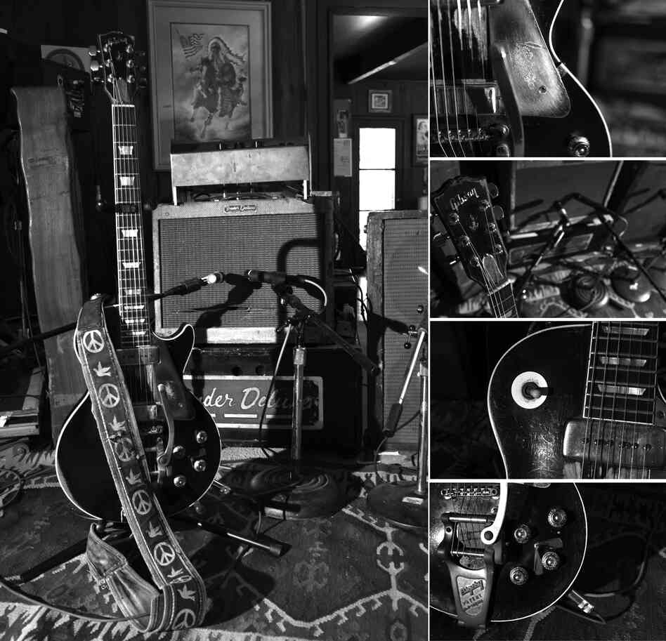Neil Young's faithful guitar, Old Black, and his amps in 2012.  