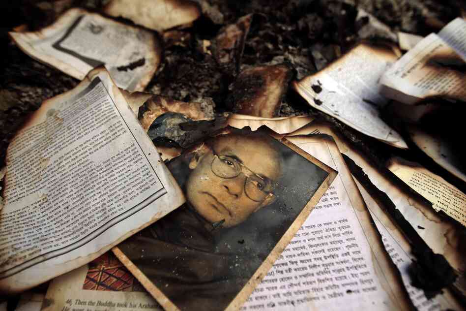 The remains of burned religious books at a Buddhist temple which was torched in an overnight weekend attack in Ramu in the coastal district of Cox's Bazar, Bangladesh.