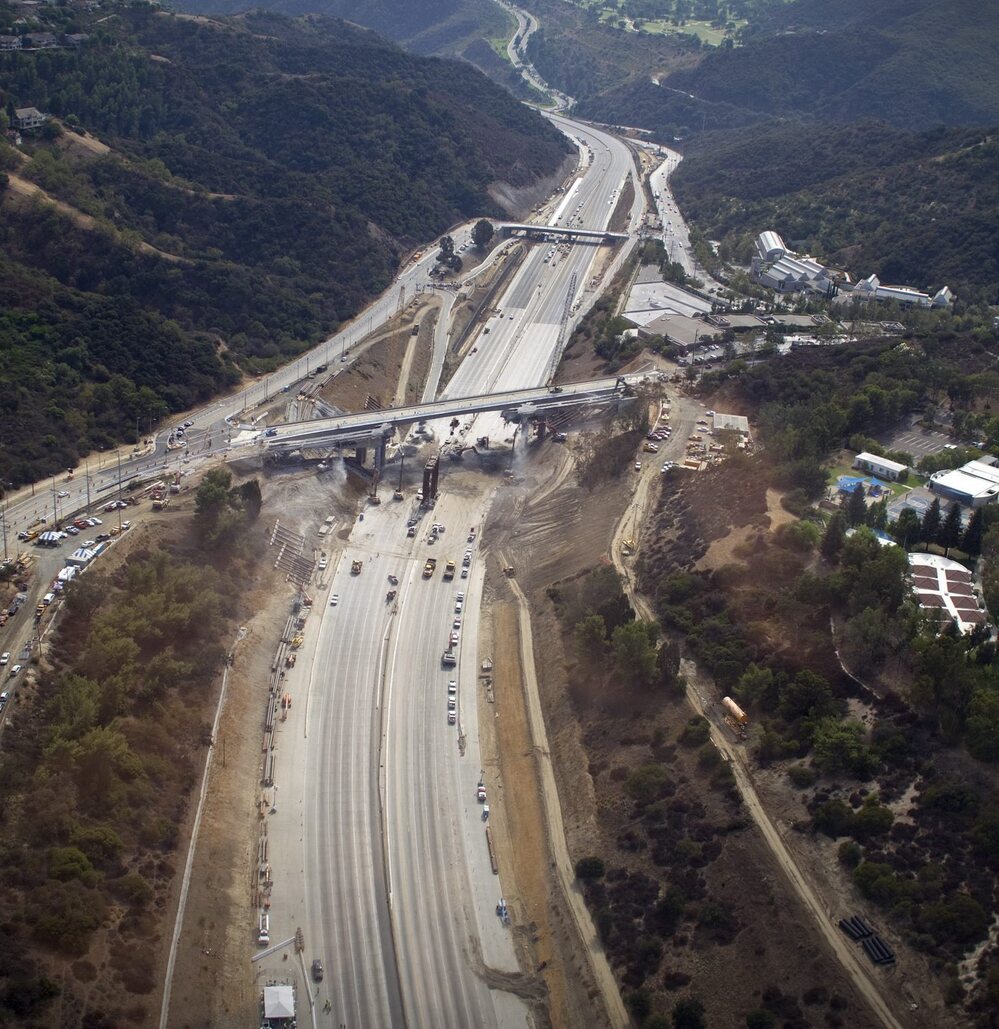 All clear: A section of the 405 freeway in Los Angeles was empty while crews worked over the weekend to demolish the Mulholland Bridge.