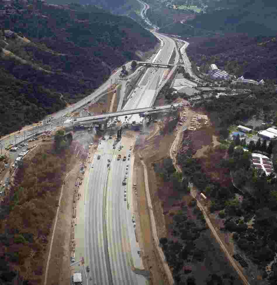 All clear: A section of the 405 freeway in Los Angeles was empty while crews worked over the weekend to demolish the Mulholland Bridge.