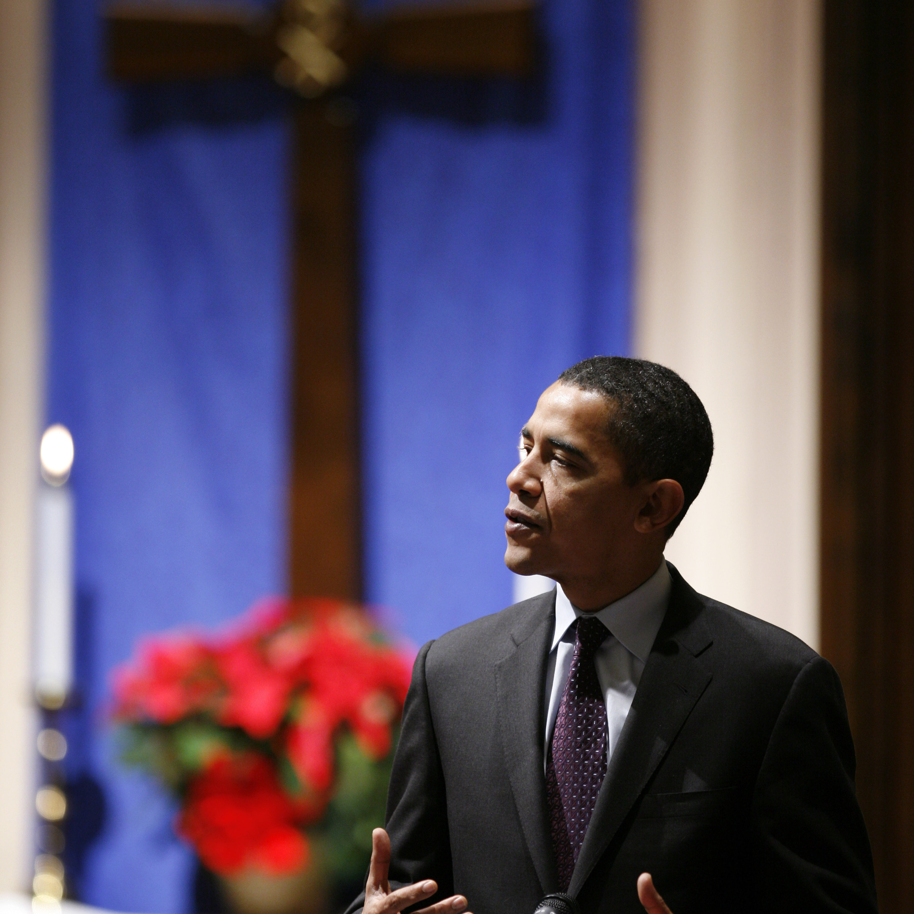 Then-candidate Barack Obama speaks at the First Congregational United Church of Christ in Mason City, Iowa, in 2007. Religious messages were a more prominent part of Obama's first presidential campaign.