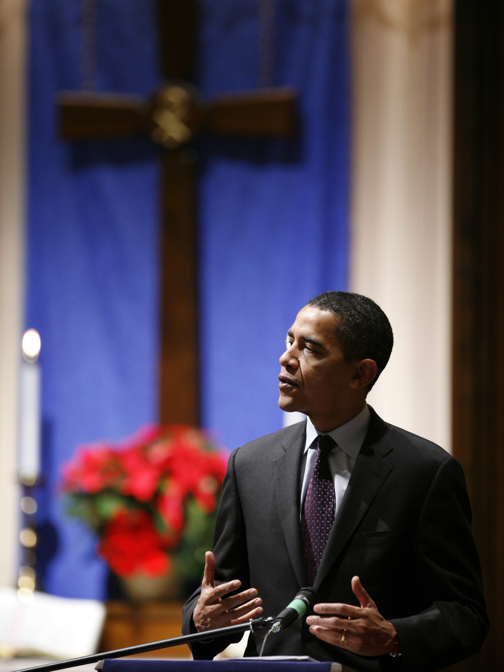 Then-candidate Barack Obama speaks at the First Congregational United Church of Christ in Mason City, Iowa, in 2007. Religious messages were a more prominent part of Obama's first presidential campaign.