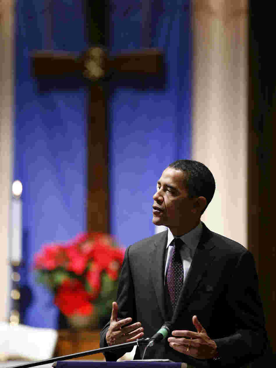 Then-candidate Barack Obama speaks at the First Congregational United Church of Christ in Mason City, Iowa, in 2007. Religious messages were a more prominent part of Obama's first presidential campaign.