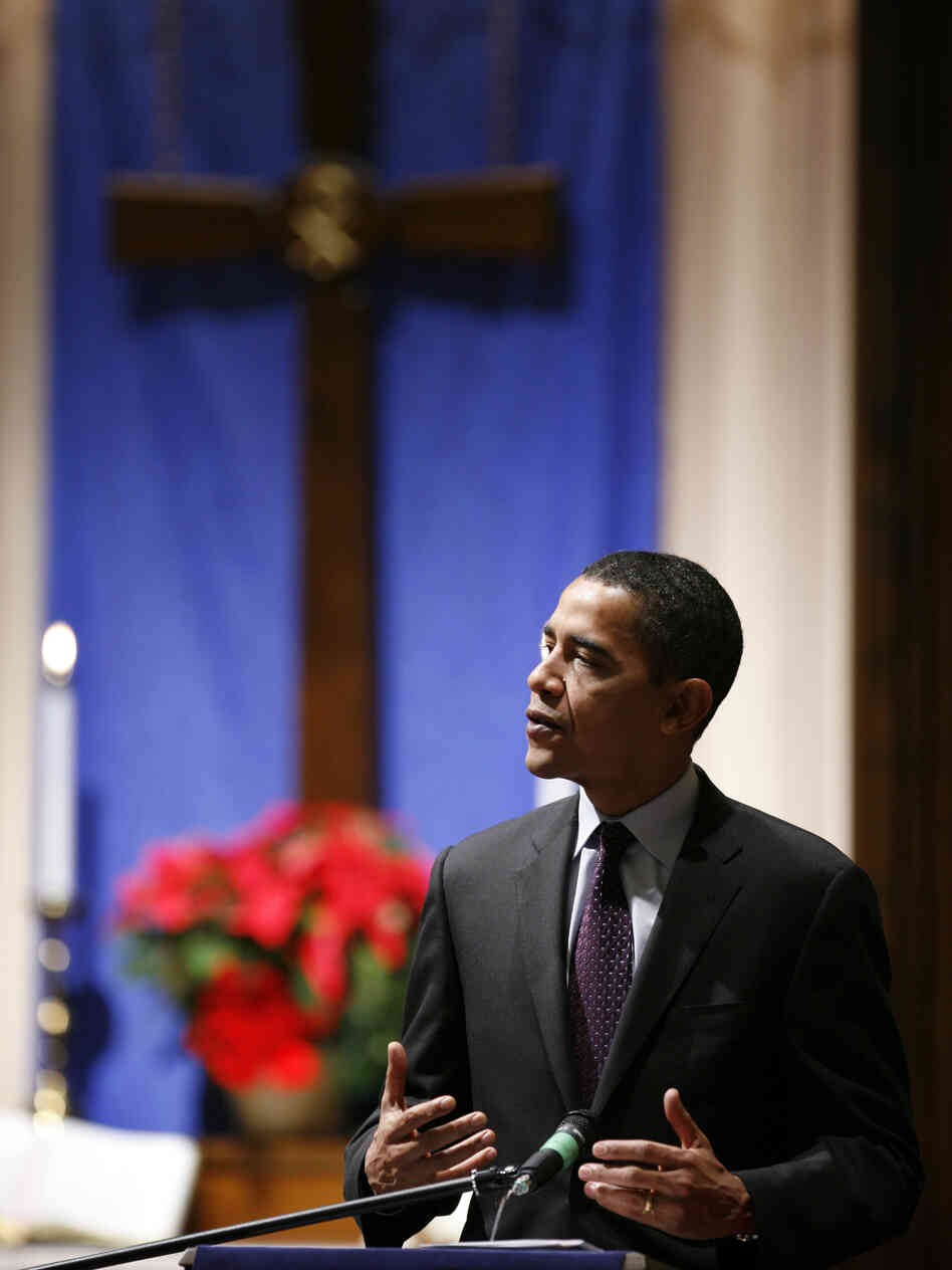 Then-candidate Barack Obama speaks at the First Congregational United Church of Christ in Mason City, Iowa, in 2007. Religious messages were a more prominent part of Obama's first presidential campaign.