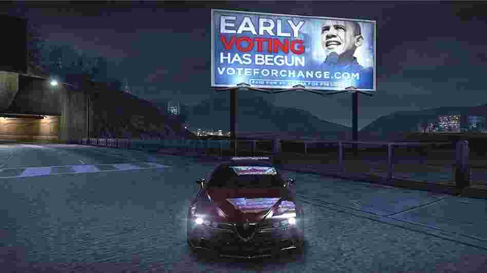 An advertisement for then-presidential candidate Barack Obama appeared in the Xbox 360 Live version of the video game Need for Speed: Carbon in 2008. Again this year, Obama is advertising in video games. An advertisement for then-presidential candidate Barack Obama appeared in the Xbox 360 Live version of the video game Need for Speed: Carbon in 2008. Again this year, Obama is advertising in video games.