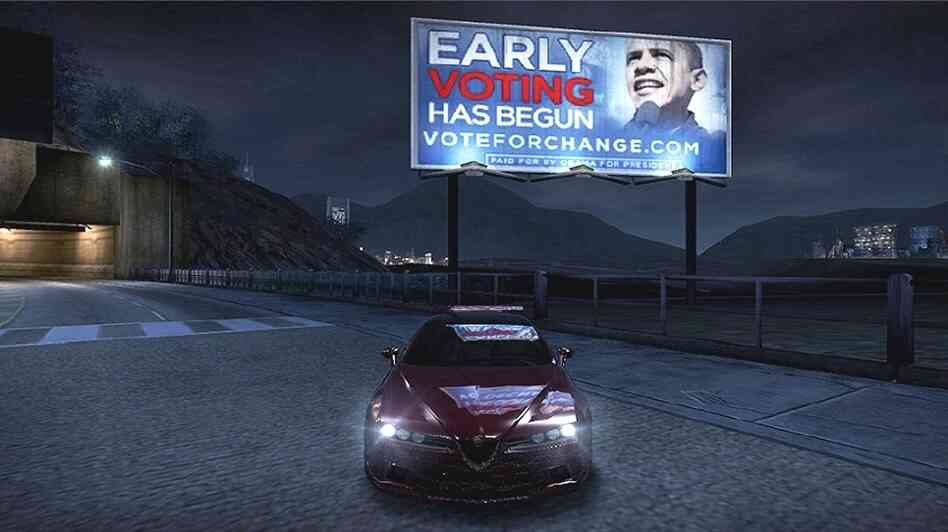 An advertisement for then-presidential candidate Barack Obama appeared in the Xbox 360 Live version of the video game Need for Speed: Carbon in 2008. Again this year, Obama is advertising in video games. An advertisement for then-presidential candidate Barack Obama appeared in the Xbox 360 Live version of the video game Need for Speed: Carbon in 2008. Again this year, Obama is advertising in video games.