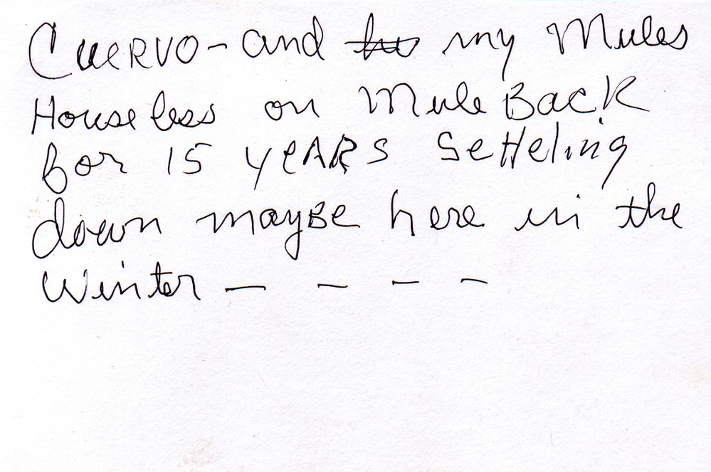 Index card by Cuervo. The text reads: "Cuervo and my Mules Houseless on Muleback for 15 years Settling down maybe here in winter ...."