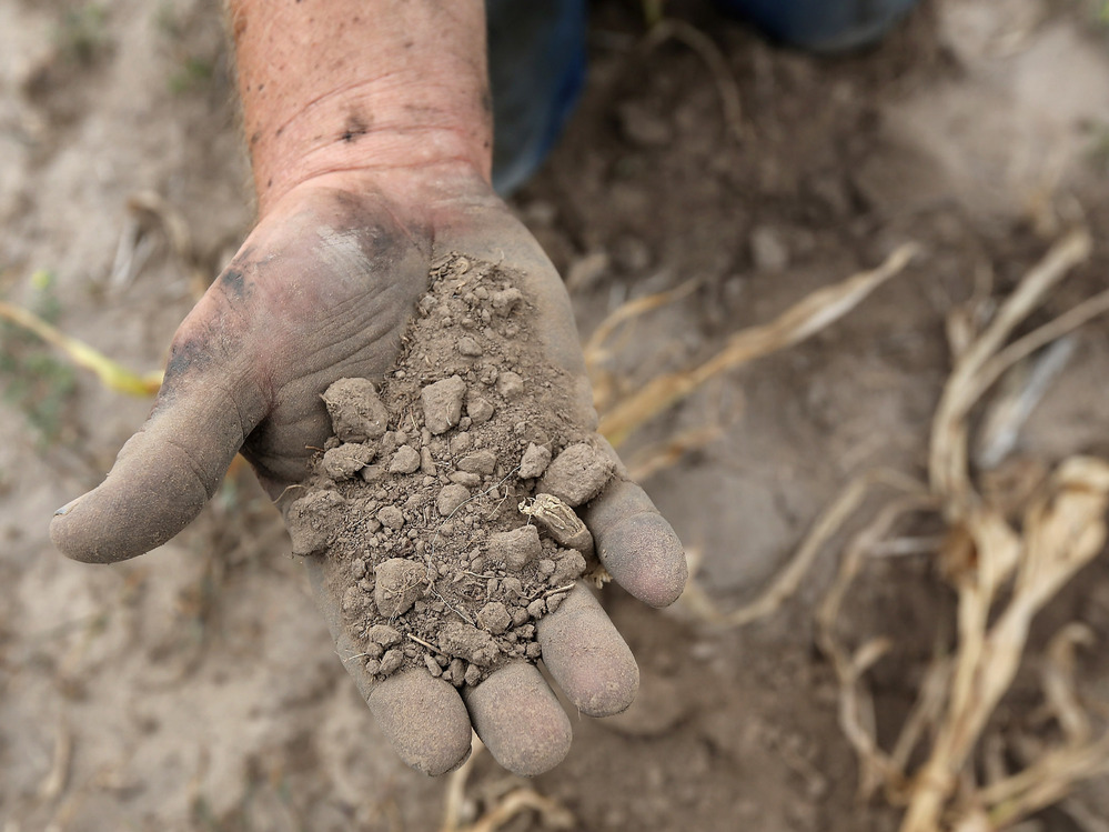 A farmer sifts through the drought-stricken topsoil of his Logan, Kansas, land in August 2012.
