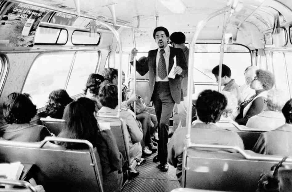 Bobby Seale, Panther chairman and co-founder, campaigns on a rush-hour bus in Oakland, Calif., on April 13, 1973, to be Oakland's mayor. He lost, coming in a close second place, showing the strength of the party in the city where they formed.