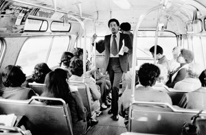 Bobby Seale, Panther chairman and co-founder, campaigns on a rush-hour bus in Oakland, Calif., on April 13, 1973, to be Oakland's mayor. He lost, coming in a close second place, showing the strength of the party in the city where they formed.