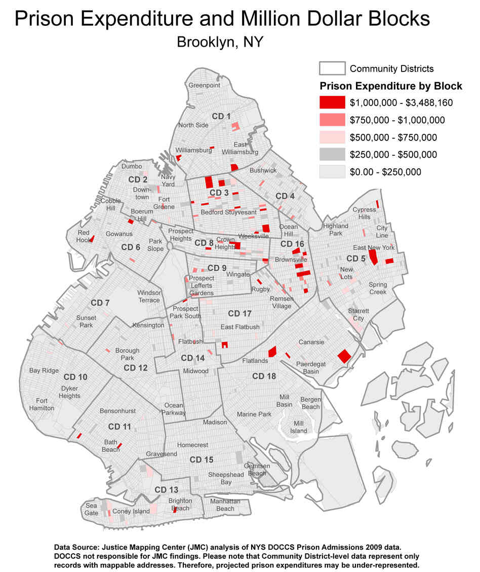 This map shows the cost of incarcerating all residents sent to prison in 2009 from each block in Brooklyn. Dark red blocks represent areas where the state will spend more than $1 million to incarcerate people sent to prison that year.