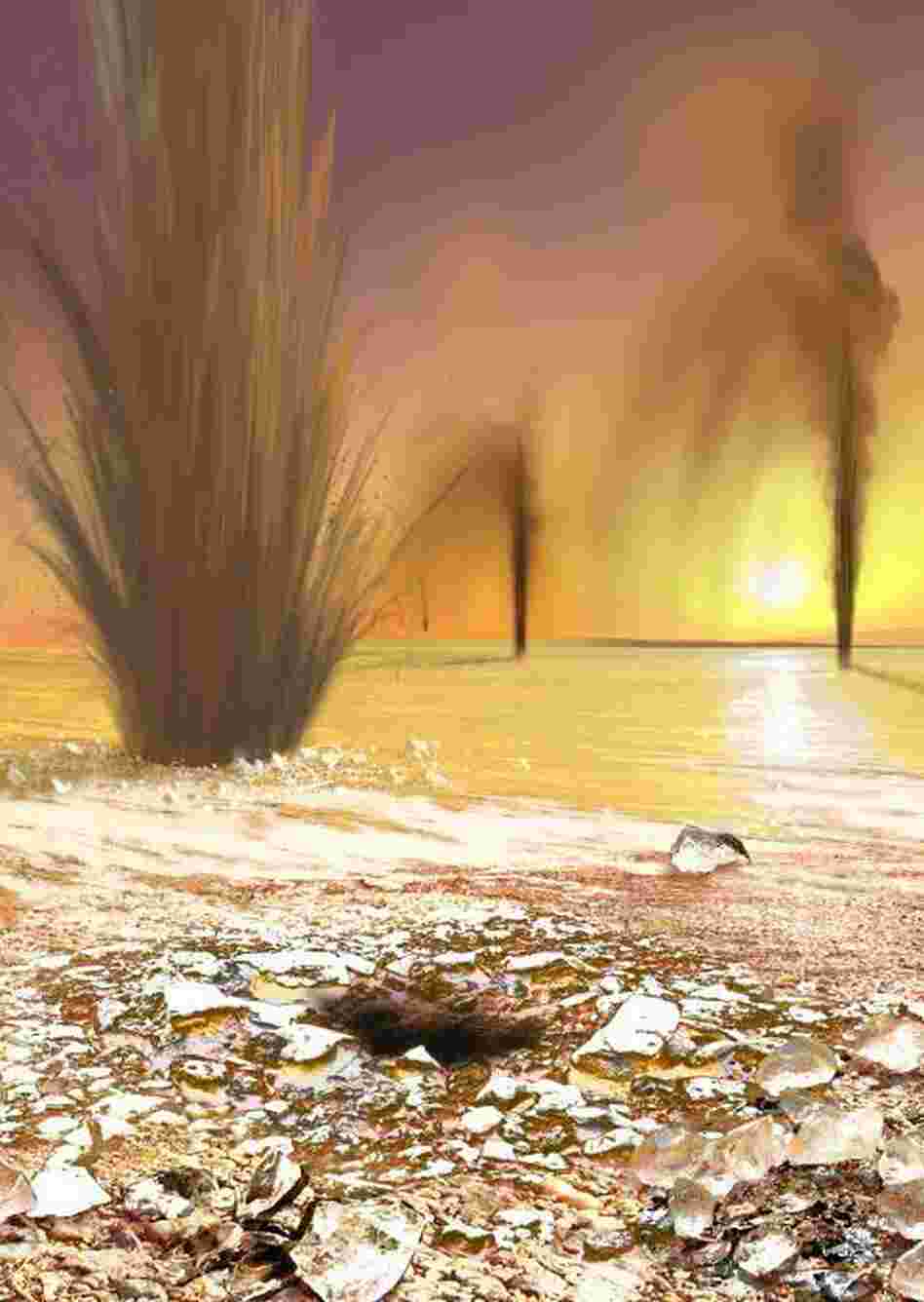 An artist's rendering of Martian geysers. An artist's rendering of Martian geysers.
