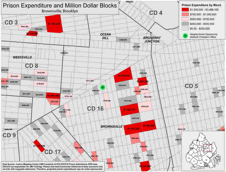 The cost of incarcerating residents from individual blocks in and around Brownsville. In response to the concentration of people on probation in Brownsville, the New York City Department of Probation used mapping to locate and launch the Neighborhood Opportunity Network, which connects probation clients with services, jobs and civic participation opportunities.