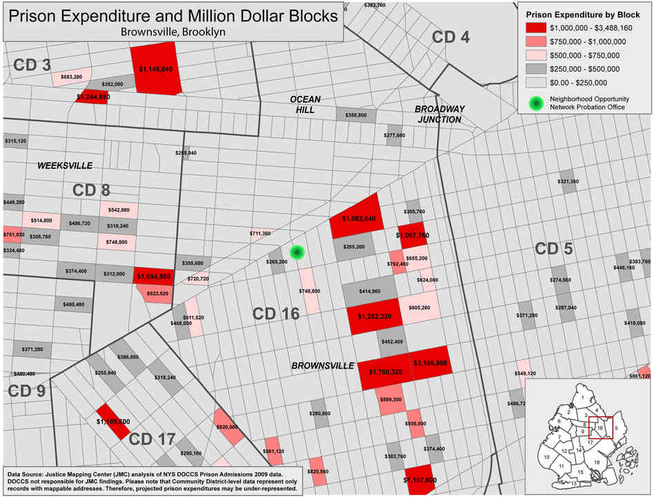 The cost of incarcerating residents from individual blocks in and around Brownsville. In response to the concentration of people on probation in Brownsville, the New York City Department of Probation used mapping to locate and launch the Neighborhood Opportunity Network, which connects probation clients with services, jobs and civic participation opportunities.