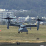 An Osprey arrives at U.S. Marine Corps Air Station Futenma in Ginowan city on Japan's southern island of Okinawa on Monday. Six Ospreys were deployed in Okinawa, drawing sharp reactions from residents amid persistent concerns about the aircraft's safety.