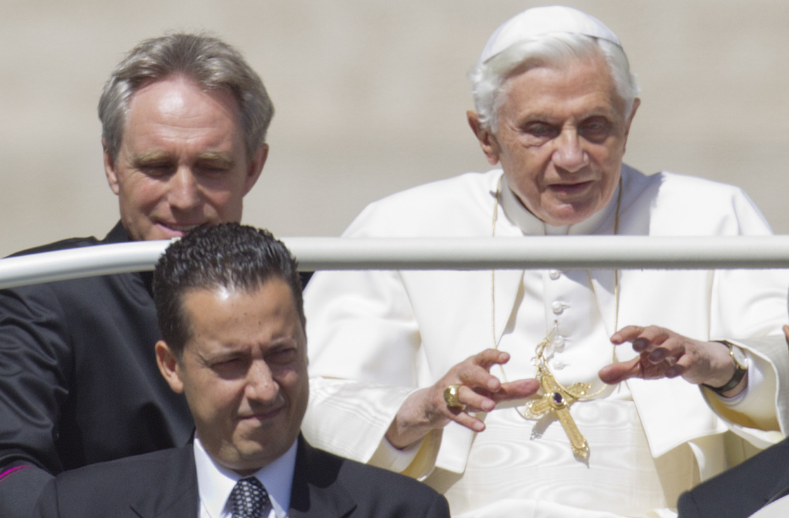 Pope Benedict XVI and his former butler, Paolo Gabriele (center), are shown at the Vatican in this file photo. The pope's private secretary, Georg Gaenswein, is on the left.