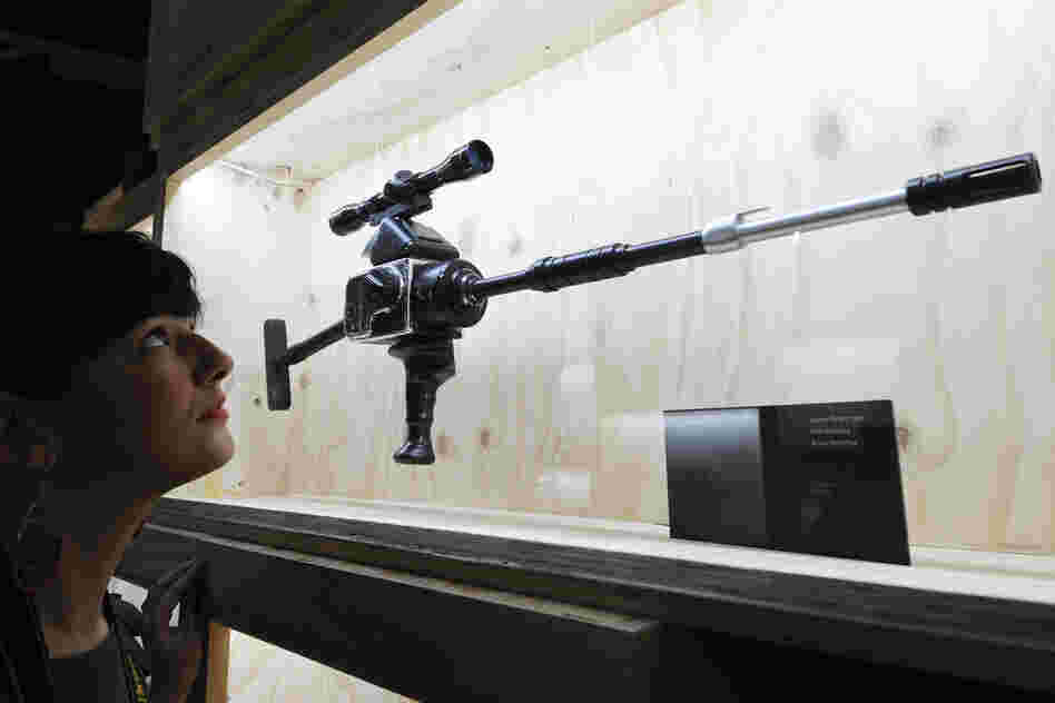 The "Hasselblad Gun" used in Licence to Kill, on display in an exhibition entitled Designing 007: Fifty Years of Bond Style at the Barbican in London.