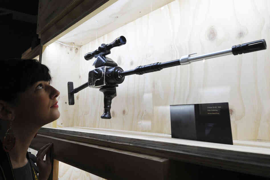 The "Hasselblad Gun" used in Licence to Kill, on display in an exhibition entitled Designing 007: Fifty Years of Bond Style at the Barbican in London.