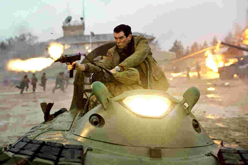 Pierce Brosnan in a high-speed hovercraft chase in Die Another Day — Brosnan's fourth and final Bond film.
