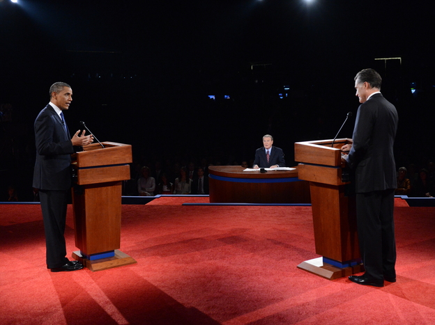 President Obama and GOP presidential nominee Mitt Romney face off during the presidential debate at the University of Denver on Wednesday as moderator Jim Lehrer looks on.