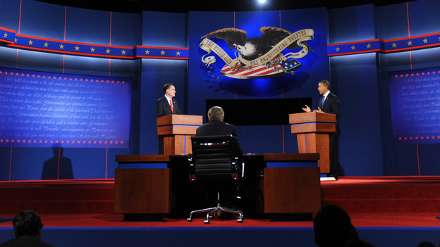 President Obama and Republican presidential candidate Mitt Romney participate in the first presidential debate at Magness Arena at the University of Denver on Wednesdasy, moderated by Jim Lehrer of the PBS NewsHour.