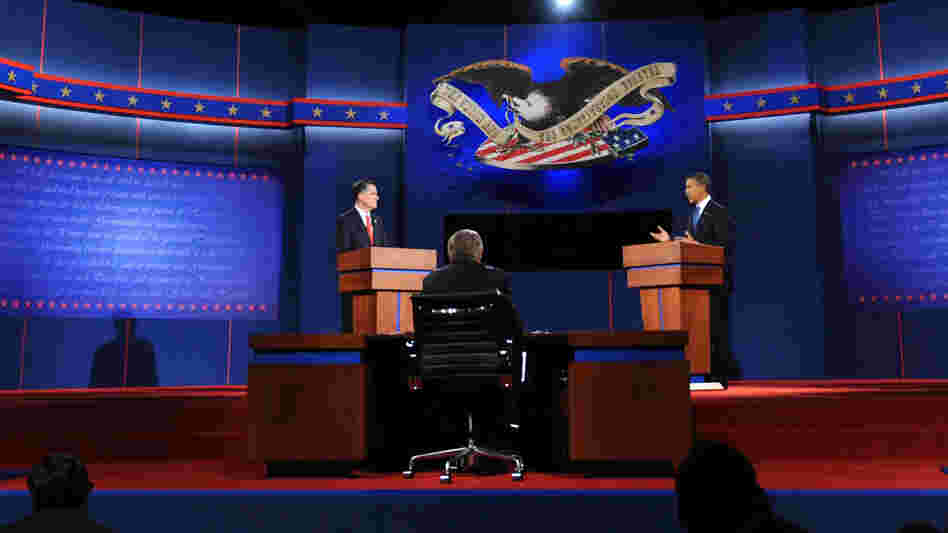 President Obama and Republican presidential candidate Mitt Romney participate in the first presidential debate at Magness Arena at the University of Denver on Wednesdasy, moderated by Jim Lehrer of the PBS NewsHour.