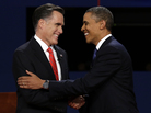 Republican presidential nominee Mitt Romney and President Barack Obama shake hands at the first presidential debate at the University of Denver, Wednesday. Republican presidential nominee Mitt Romney and President Barack Obama shake hands at the first presidential debate at the University of Denver, Wednesday.