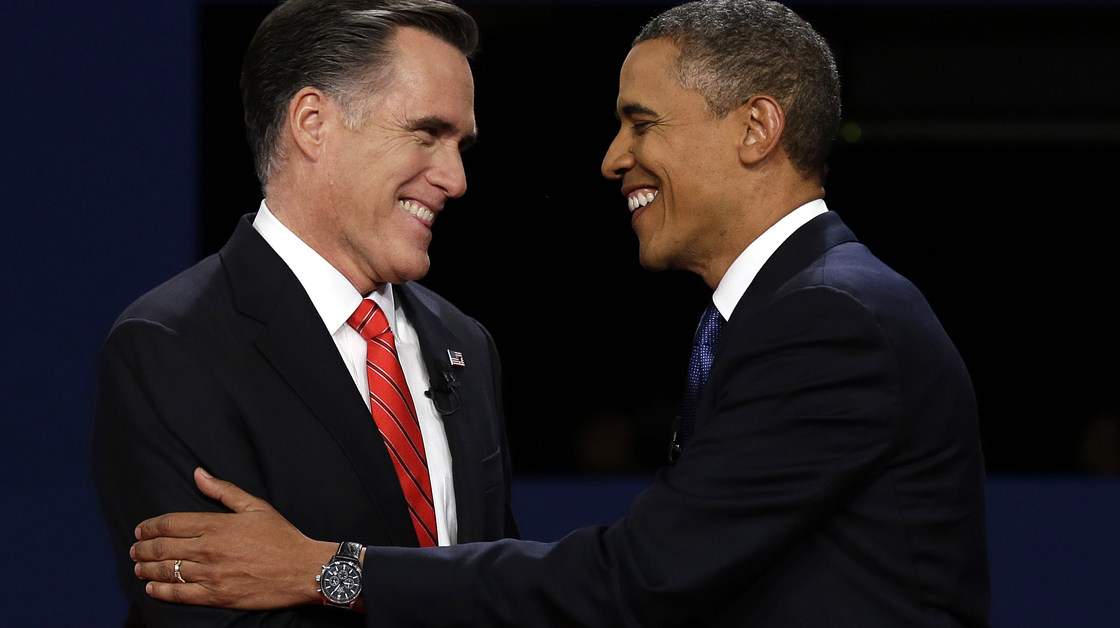 Republican presidential nominee Mitt Romney and President Barack Obama shake hands at the first presidential debate at the University of Denver, Wednesday.