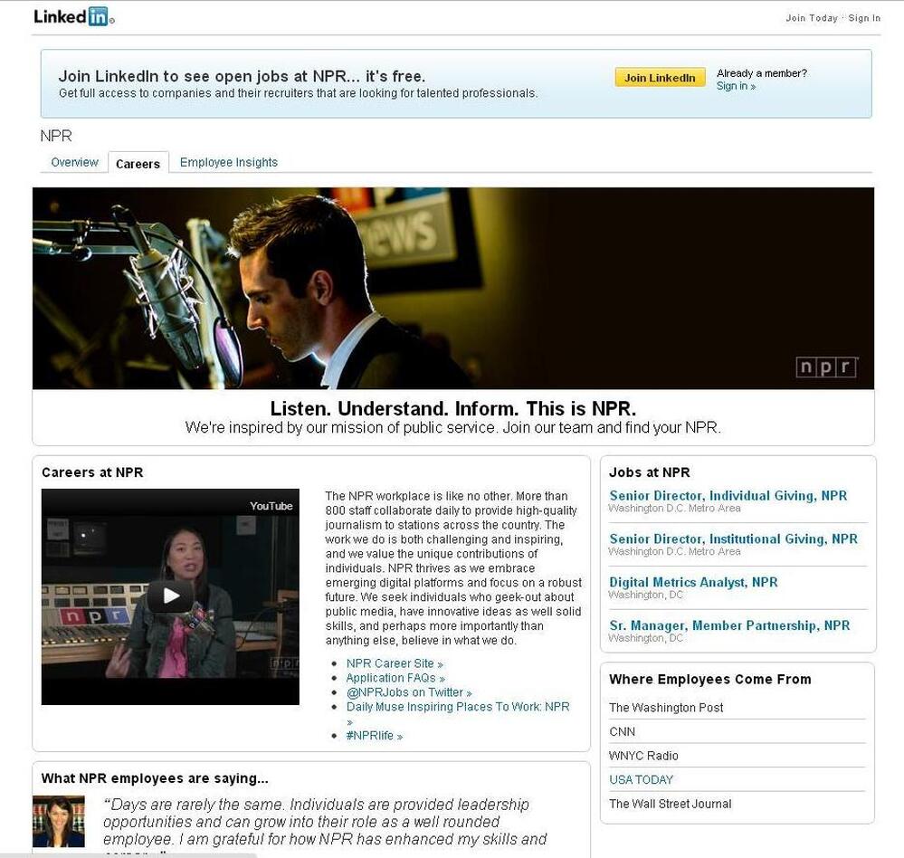 Screenshot of the redesigned NPR LinkedIn page.