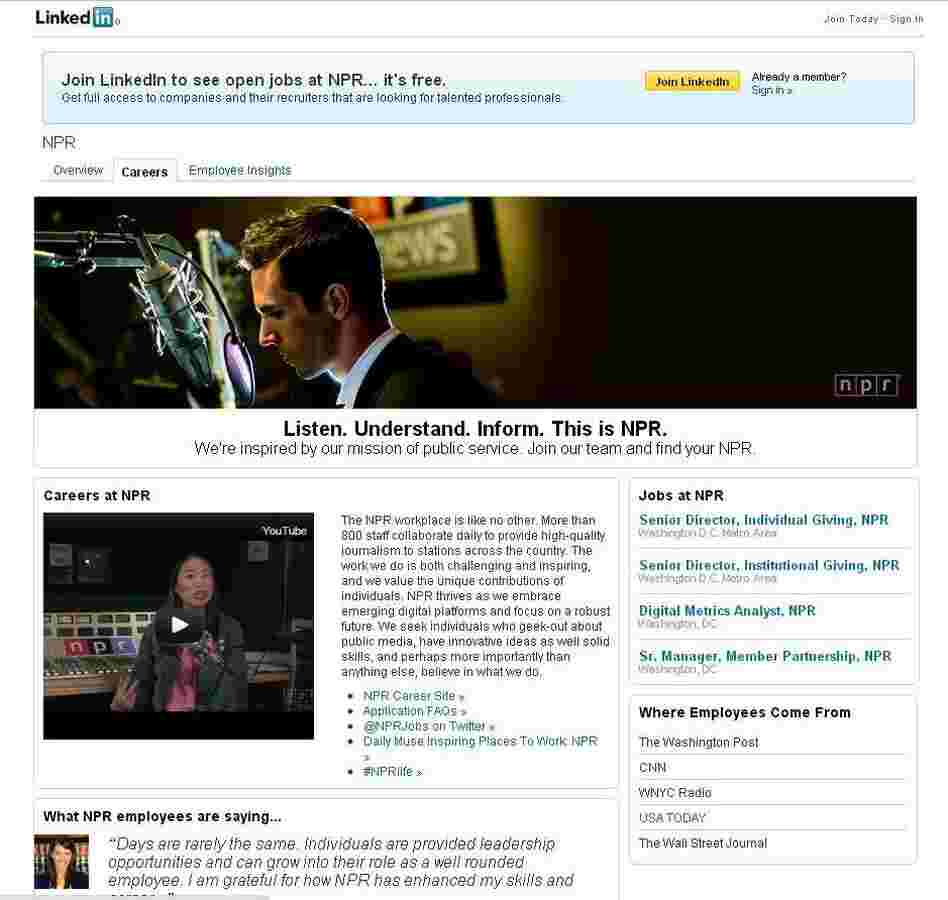 Screenshot of the redesigned NPR LinkedIn page.