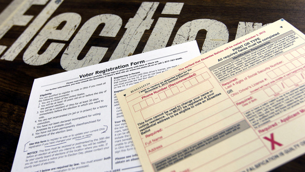 A voter registration form and absentee ballot application at a Franklin County polling place in Columbus, Ohio, on Tuesday. The deadline to register to vote in Ohio is Oct. 9.