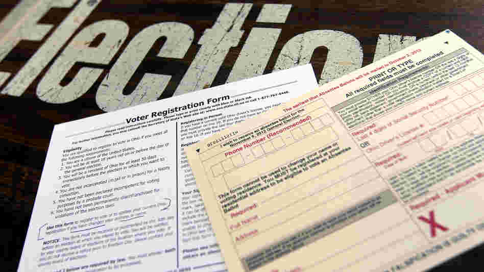 A voter registration form and absentee ballot application at a Franklin County polling place in Columbus, Ohio, on Tuesday. The deadline to register to vote in Ohio is Oct. 9.