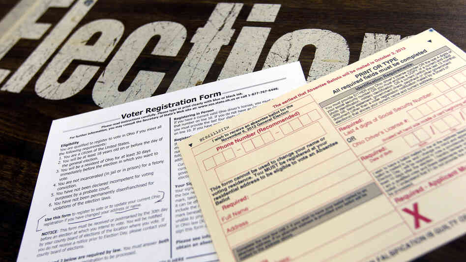 A voter registration form and absentee ballot application at a Franklin County polling place in Columbus, Ohio, on Tuesday. The deadline to register to vote in Ohio is Oct. 9.