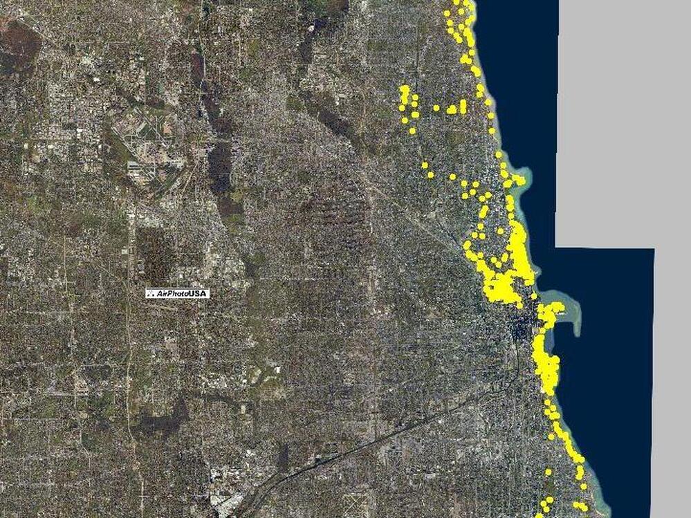 Scientists tracked one coyote in Chicago during 2010 and mapped where it went. Many of the locations shown here are along the city's famous Lake Shore Drive.