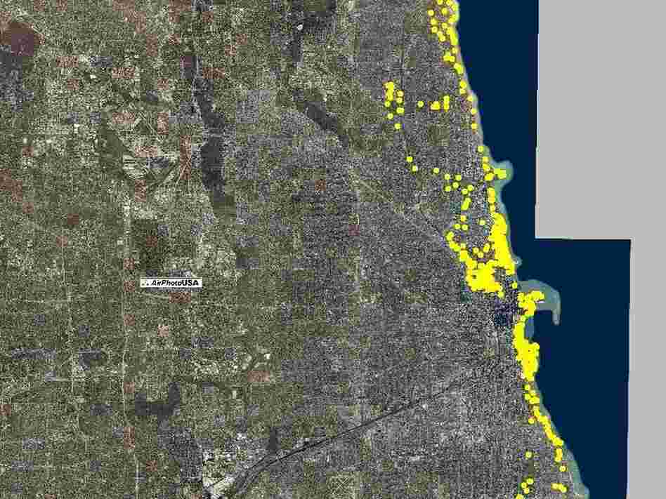Scientists tracked one coyote in Chicago during 2010 and mapped where it went. Many of the locations shown here are along the city's famous Lake Shore Drive.
