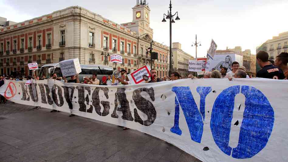 Spaniards protest the construction of the EuroVegas gambling complex at Puerta del Sol in Madrid last month. Spaniards protest the construction of the EuroVegas gambling complex at Puerta del Sol in Madrid last month.