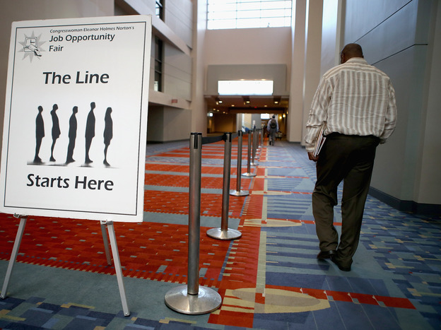 The welcome sign at a job fair earlier this year in Washington, D.C.
