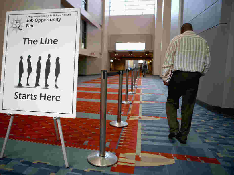 The welcome sign at a job fair earlier this year in Washington, D.C.